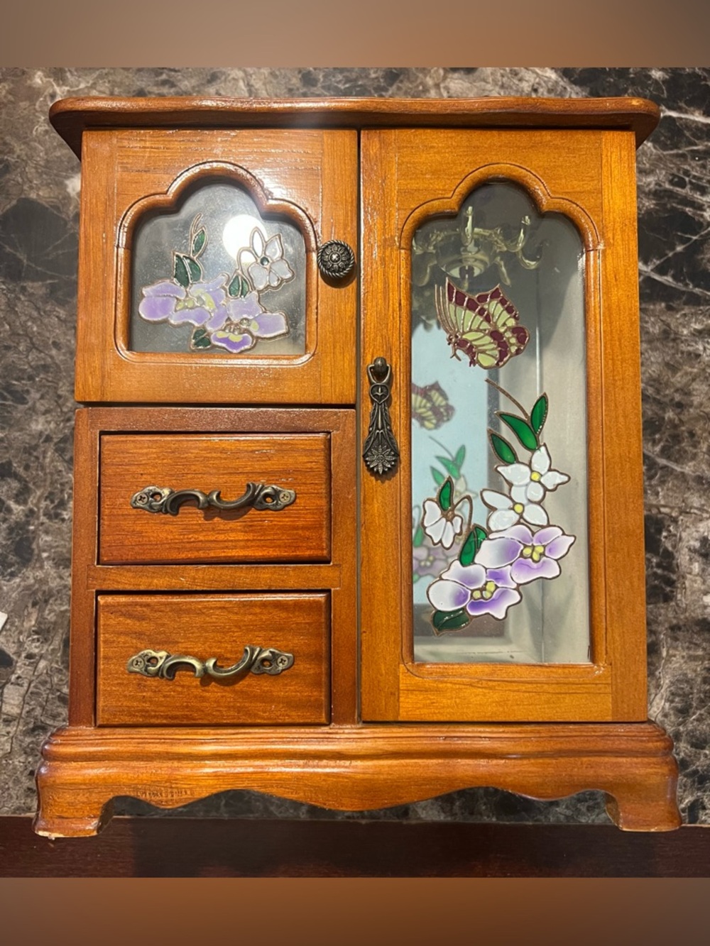 Vintage Wooden Jewelry Armoire Box with Glass Doors and Drawers